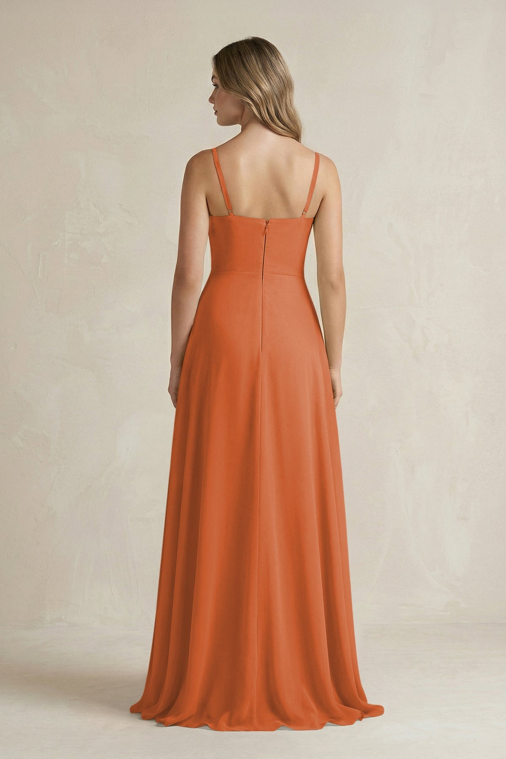 Spaghetti Strap Ruffled A - Line Chiffon Bridesmaid Dress in Terracotta - KISS BRIDAL Bridesmaid Dresses