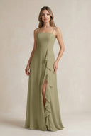 Spaghetti Strap Ruffled A - Line Chiffon Bridesmaid Dress in Thyme - SHE IS ME Bridesmaid Dresses