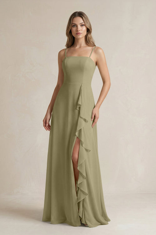 Spaghetti Strap Ruffled A - Line Chiffon Bridesmaid Dress in Thyme - SHE IS ME Bridesmaid Dresses