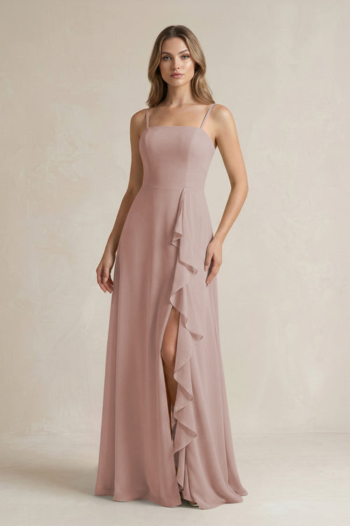 Spaghetti Strap Ruffled A-Line Chiffon Bridesmaid Dress in Toffee | KISSBRIDAL