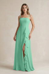 Spaghetti Strap Ruffled A - Line Chiffon Bridesmaid Dress in Turquoise - KISS BRIDAL Bridesmaid Dresses