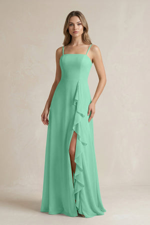 Spaghetti Strap Ruffled A - Line Chiffon Bridesmaid Dress in Turquoise - SHE IS ME Bridesmaid Dresses