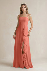 Spaghetti Strap Ruffled A - Line Chiffon Bridesmaid Dress in Wild Rose - KISS BRIDAL Bridesmaid Dresses