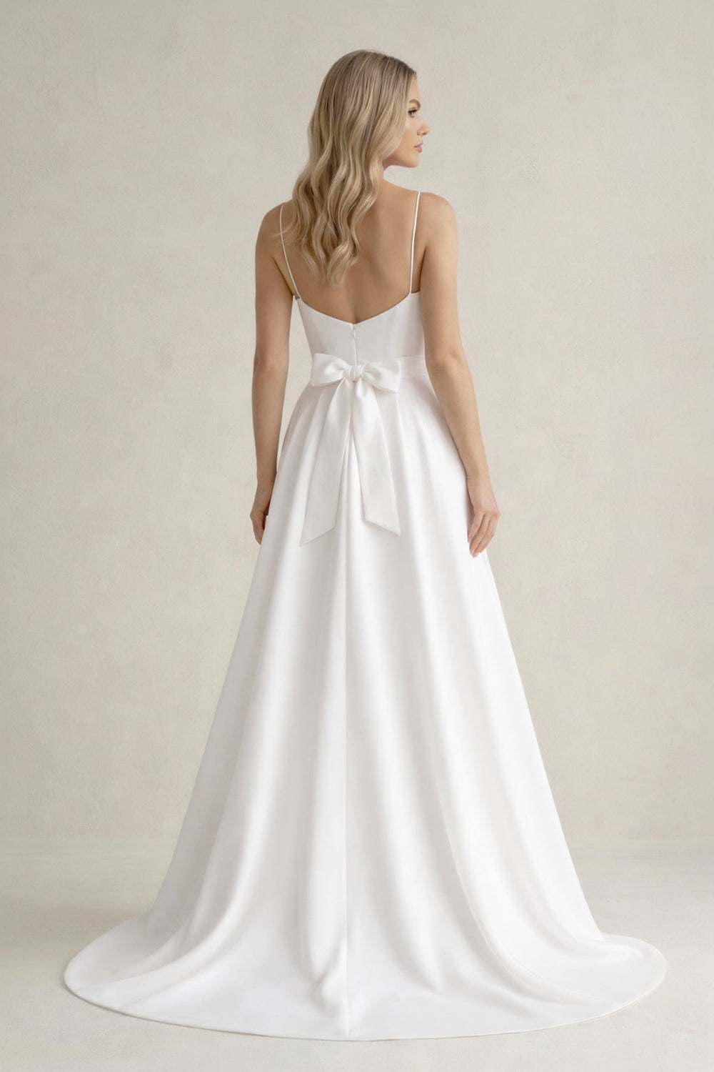 Spaghetti Strap Satin A - Line Wedding Dress With Slit in White - KISS BRIDAL Wedding Dresses