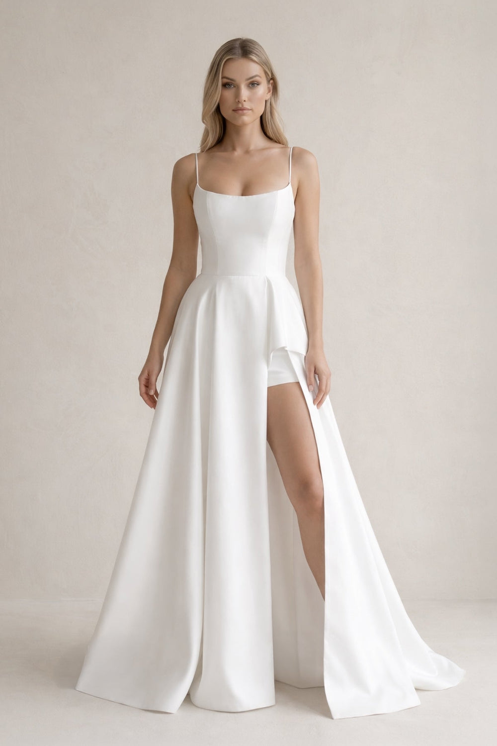 Spaghetti Strap Satin A - Line Wedding Dress With Slit in White - KISS BRIDAL Wedding Dresses