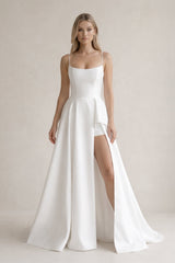 Spaghetti Strap Satin A - Line Wedding Dress With Slit in White - KISS BRIDAL Wedding Dresses
