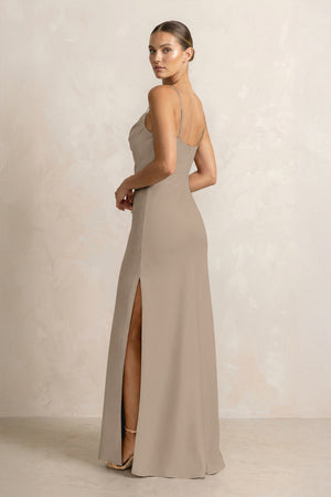 Spaghetti Strap Satin Sheath Bridesmaid Dress in Almond (2) | KISSBRIDAL