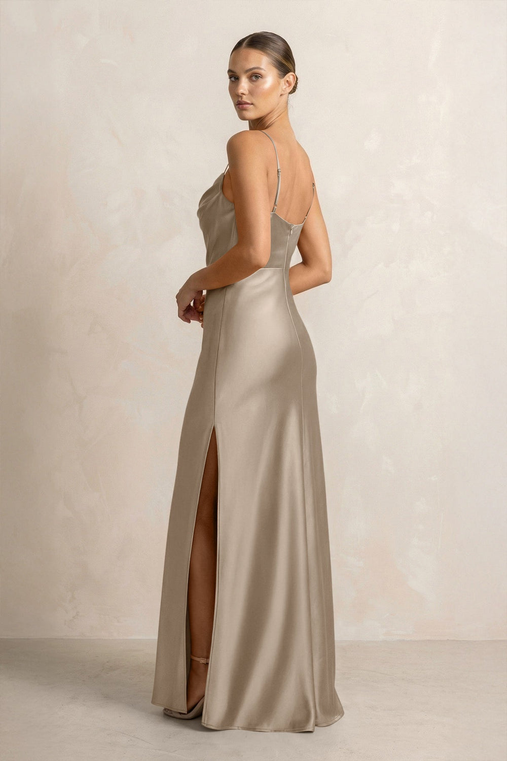 Spaghetti Strap Satin Sheath Bridesmaid Dress in Almond - KISS BRIDAL Bridesmaid Dresses