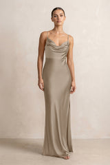 Spaghetti Strap Satin Sheath Bridesmaid Dress in Almond - KISS BRIDAL Bridesmaid Dresses