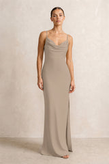 Spaghetti Strap Satin Sheath Bridesmaid Dress in Almond | KISSBRIDAL