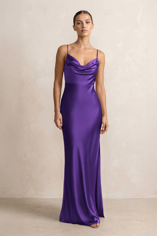 Spaghetti Strap Satin Sheath Bridesmaid Dress in Amethyst - KISS BRIDAL Bridesmaid Dresses