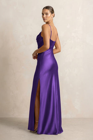 Spaghetti Strap Satin Sheath Bridesmaid Dress in Amethyst - KISS BRIDAL Bridesmaid Dresses