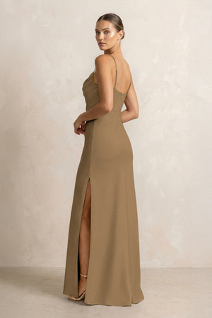 Spaghetti Strap Satin Sheath Bridesmaid Dress in Apple Cinnamon (2) | KISSBRIDAL