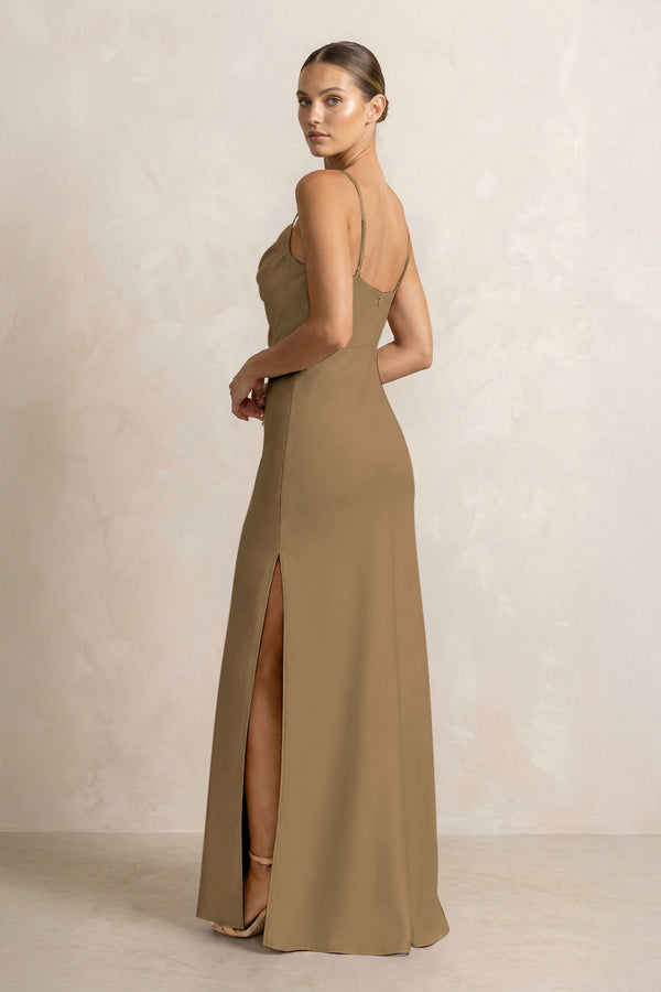 Spaghetti Strap Satin Sheath Bridesmaid Dress in Apple Cinnamon (2) | KISSBRIDAL
