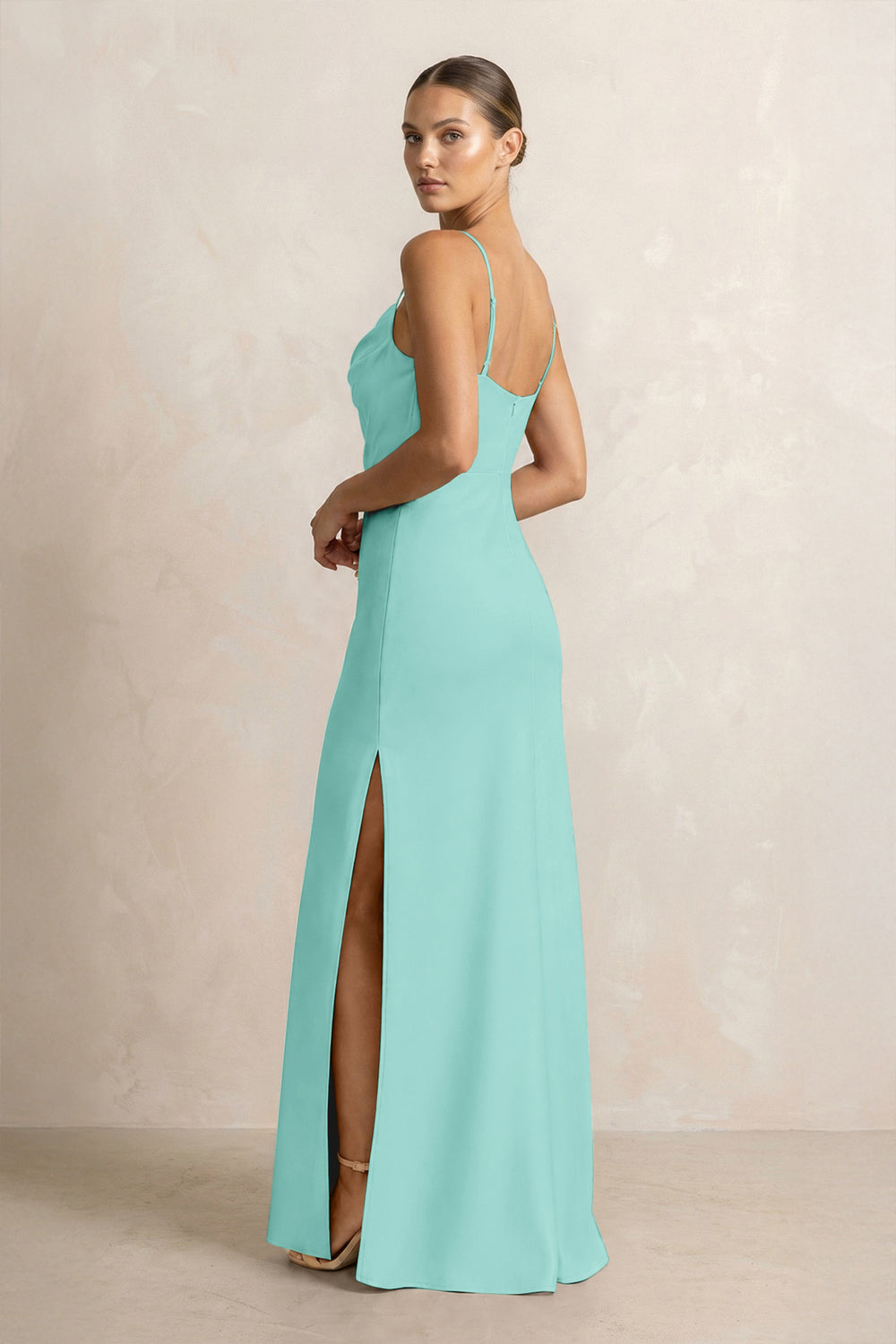 Spaghetti Strap Satin Sheath Bridesmaid Dress in Aqua