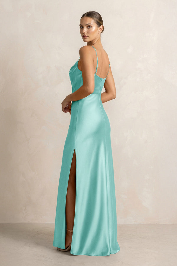 Spaghetti Strap Satin Sheath Bridesmaid Dress in Aqua - KISS BRIDAL Bridesmaid Dresses