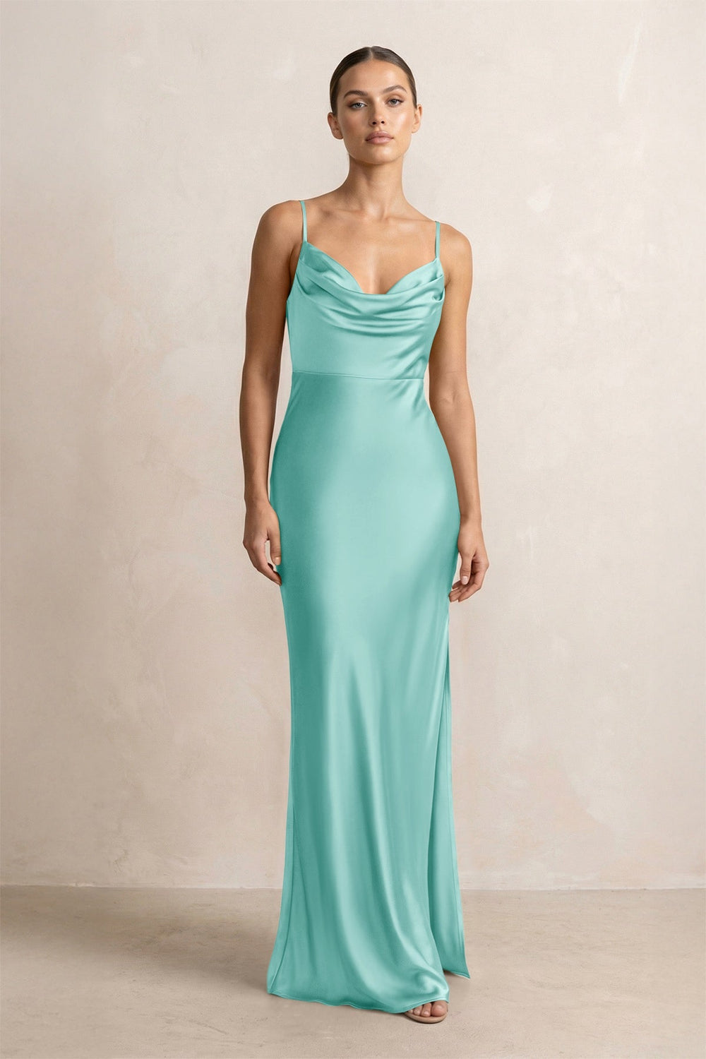 Spaghetti Strap Satin Sheath Bridesmaid Dress in Aqua - KISS BRIDAL Bridesmaid Dresses