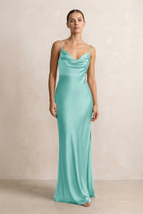 Spaghetti Strap Satin Sheath Bridesmaid Dress in Aqua - KISS BRIDAL Bridesmaid Dresses