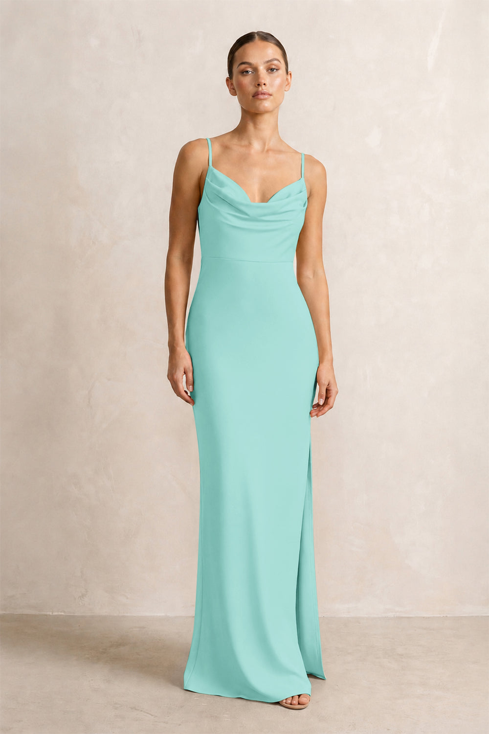 Spaghetti Strap Satin Sheath Bridesmaid Dress in Aqua
