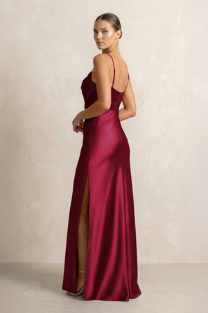 Spaghetti Strap Satin Sheath Bridesmaid Dress in Berry - KISS BRIDAL Bridesmaid Dresses