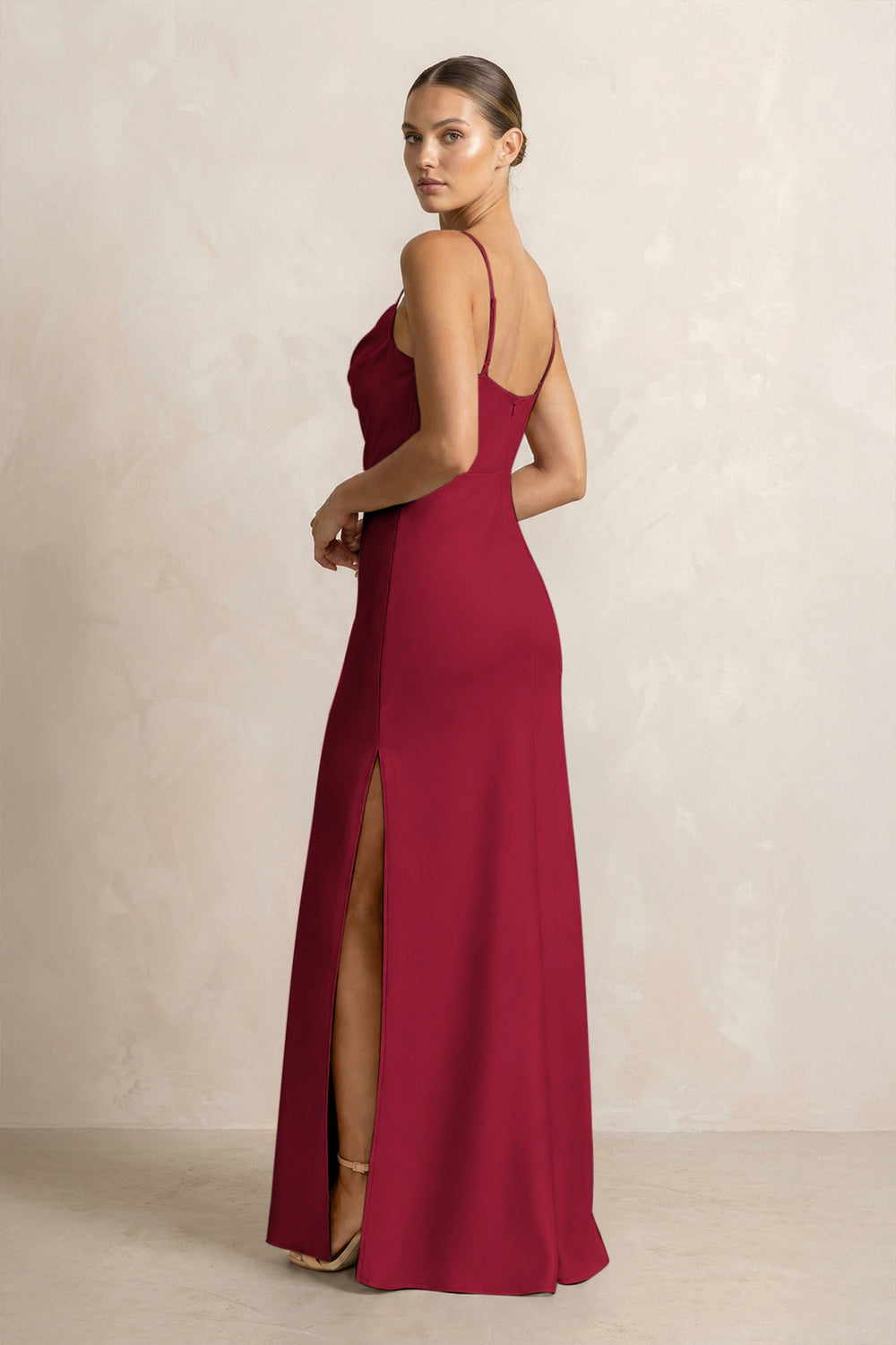 Spaghetti Strap Satin Sheath Bridesmaid Dress in Berry