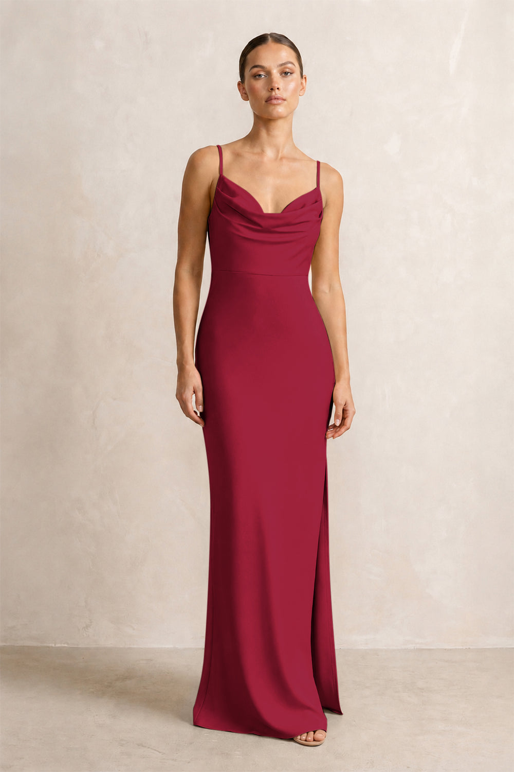 Spaghetti Strap Satin Sheath Bridesmaid Dress in Berry