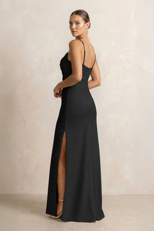 Spaghetti Strap Satin Sheath Bridesmaid Dress in Black (2) | KISSBRIDAL