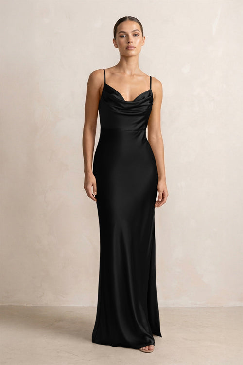 Spaghetti Strap Satin Sheath Bridesmaid Dress in Black - KISS BRIDAL Bridesmaid Dresses