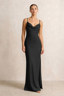 Spaghetti Strap Satin Sheath Bridesmaid Dress in Black | KISSBRIDAL