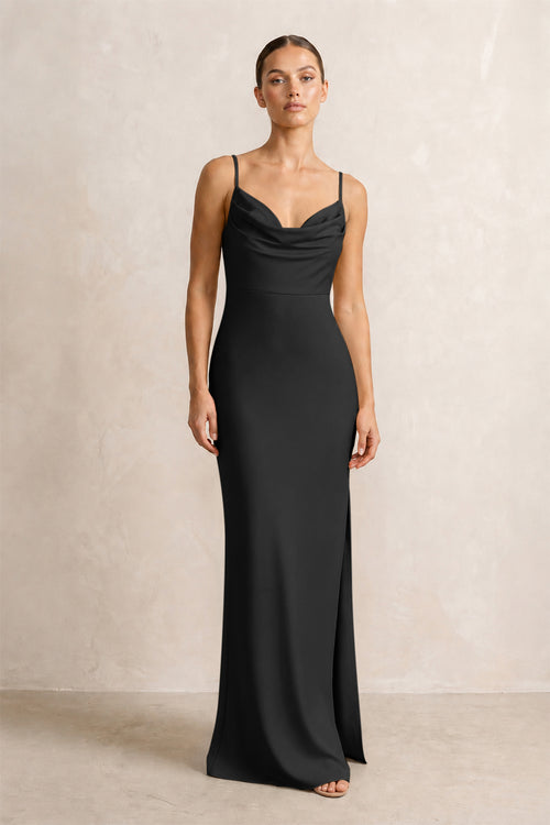 Spaghetti Strap Satin Sheath Bridesmaid Dress in Black | KISSBRIDAL