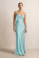 Spaghetti Strap Satin Sheath Bridesmaid Dress in Bleached Aqua - KISS BRIDAL Bridesmaid Dresses