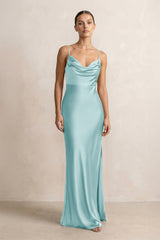 Spaghetti Strap Satin Sheath Bridesmaid Dress in Bleached Aqua - KISS BRIDAL Bridesmaid Dresses