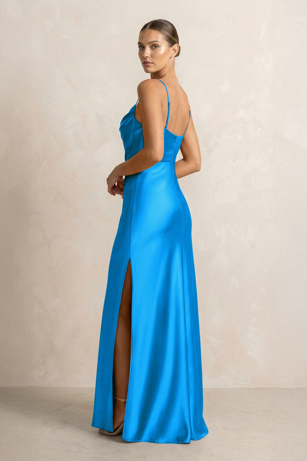 Spaghetti Strap Satin Sheath Bridesmaid Dress in Blue Jay - KISS BRIDAL Bridesmaid Dresses
