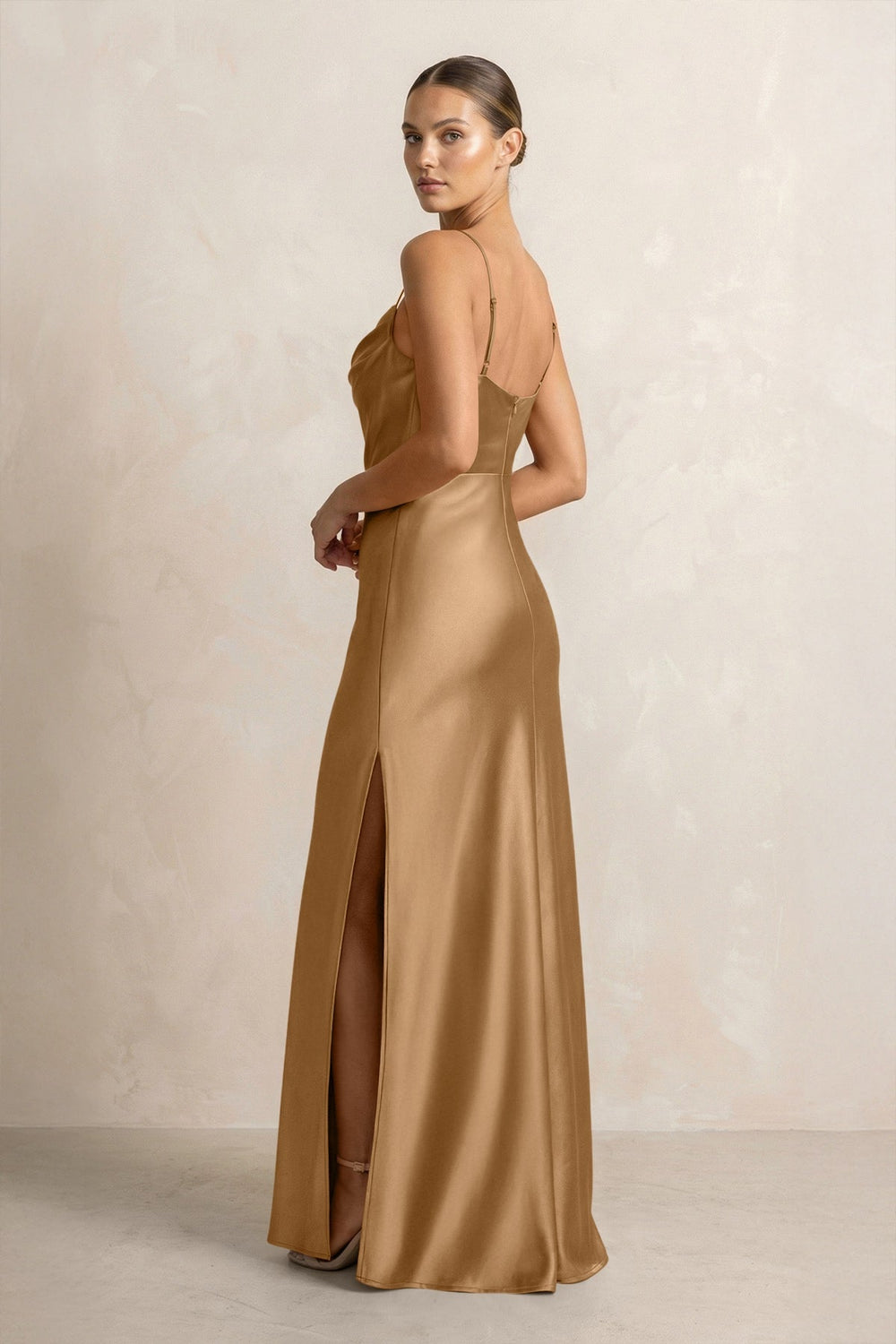 Spaghetti Strap Satin Sheath Bridesmaid Dress in Bronzer - KISS BRIDAL Bridesmaid Dresses