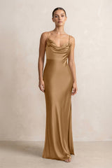 Spaghetti Strap Satin Sheath Bridesmaid Dress in Bronzer - KISS BRIDAL Bridesmaid Dresses