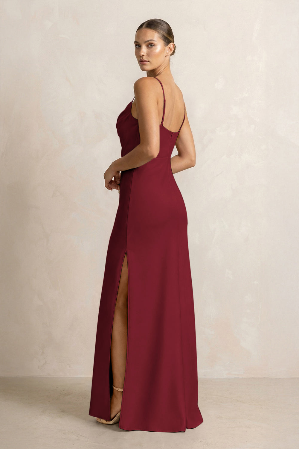 Spaghetti Strap Satin Sheath Bridesmaid Dress in Burgundy