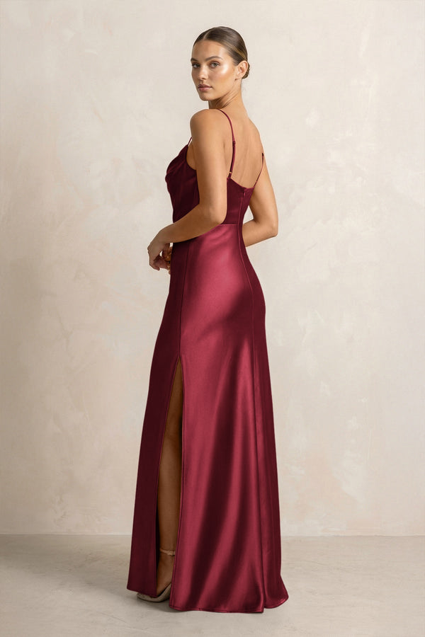Spaghetti Strap Satin Sheath Bridesmaid Dress in Burgundy - KISS BRIDAL Bridesmaid Dresses