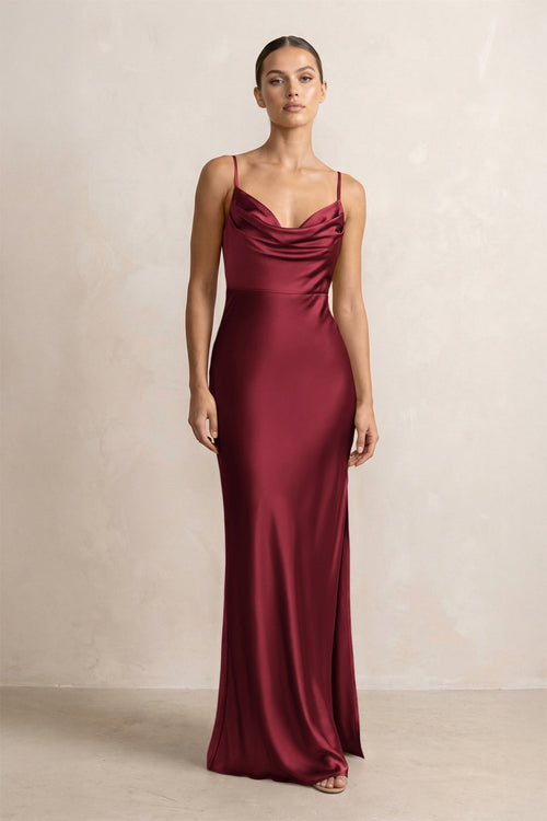 Spaghetti Strap Satin Sheath Bridesmaid Dress in Burgundy - KISS BRIDAL Bridesmaid Dresses