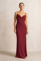 Spaghetti Strap Satin Sheath Bridesmaid Dress in Burgundy | KISSBRIDAL