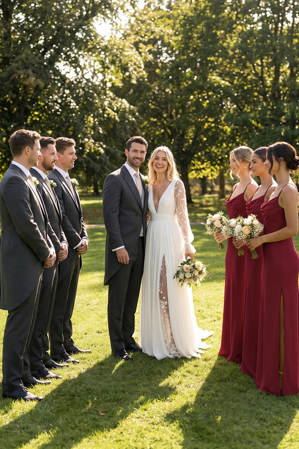 Spaghetti Strap Satin Sheath Bridesmaid Dress in Burgundy | KISSBRIDAL