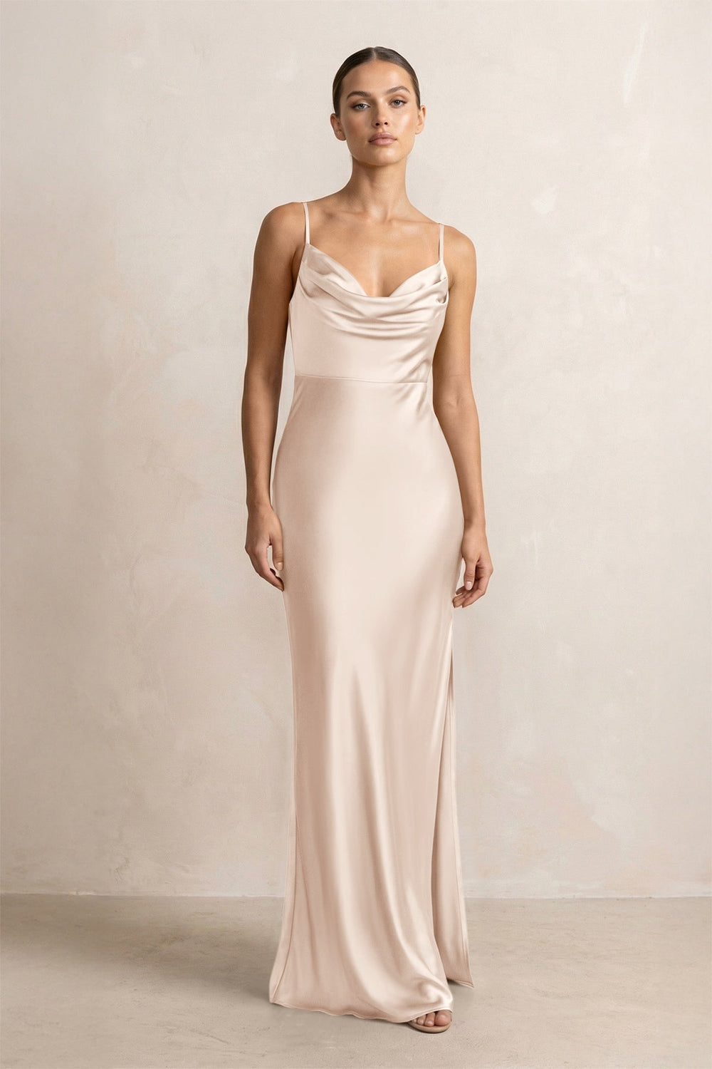 Spaghetti Strap Satin Sheath Bridesmaid Dress in Buttercream - KISS BRIDAL Bridesmaid Dresses