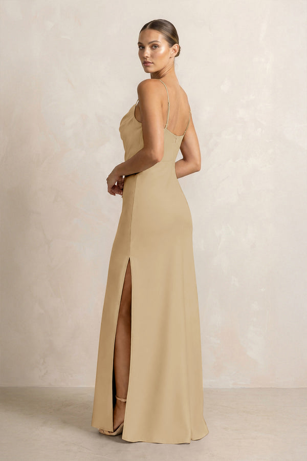 Spaghetti Strap Satin Sheath Bridesmaid Dress in Champagne (2) | KISSBRIDAL