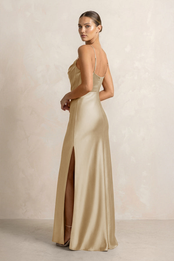 Spaghetti Strap Satin Sheath Bridesmaid Dress in Champagne - KISS BRIDAL Bridesmaid Dresses