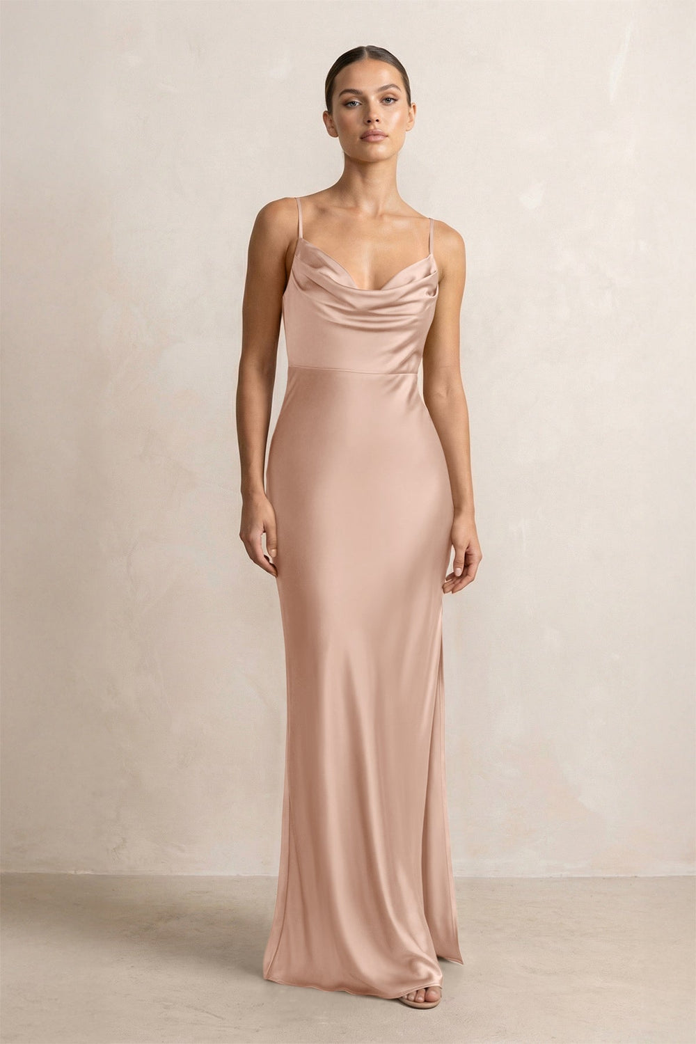 Spaghetti Strap Satin Sheath Bridesmaid Dress in Champagne Rose - KISS BRIDAL Bridesmaid Dresses