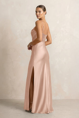 Spaghetti Strap Satin Sheath Bridesmaid Dress in Champagne Rose - KISS BRIDAL Bridesmaid Dresses