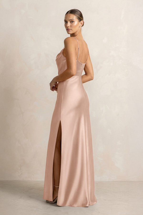 Spaghetti Strap Satin Sheath Bridesmaid Dress in Champagne Rose - KISS BRIDAL Bridesmaid Dresses