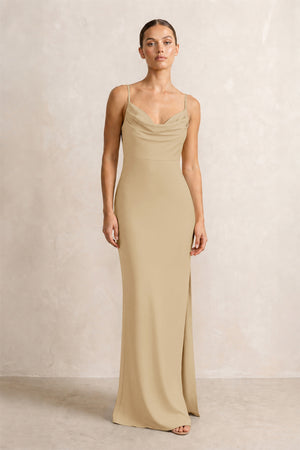 Spaghetti Strap Satin Sheath Bridesmaid Dress in Champagne | KISSBRIDAL