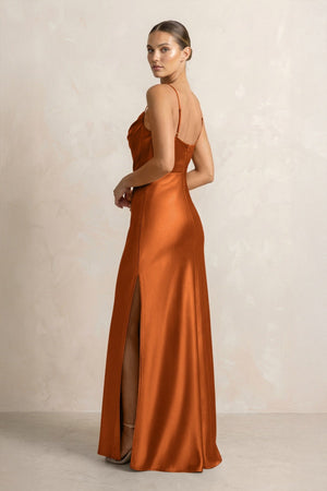 Spaghetti Strap Satin Sheath Bridesmaid Dress in Cinnamon - KISS BRIDAL Bridesmaid Dresses