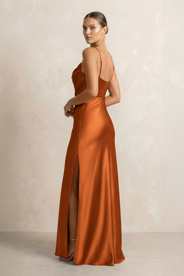 Spaghetti Strap Satin Sheath Bridesmaid Dress in Cinnamon - KISS BRIDAL Bridesmaid Dresses