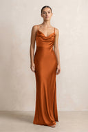 Spaghetti Strap Satin Sheath Bridesmaid Dress in Cinnamon - KISS BRIDAL Bridesmaid Dresses